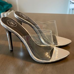 Silver Clear Slide on Heels with Pointed Toe